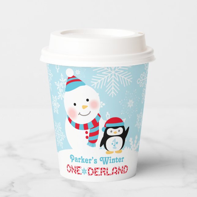 Gobelets En Papier Hiver ONE derland Anniversaire Snowman (Recto)