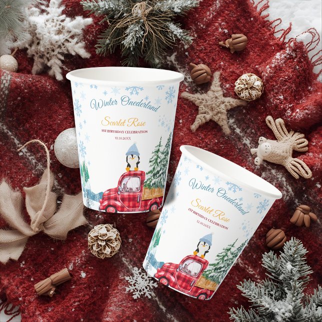 Gobelets En Papier hiver onederland 1er anniversaire invitations (Créateur téléchargé)