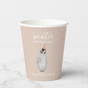 Gobelets En Papier Hiver Onederland rose Anniversaire Penguin Anniver