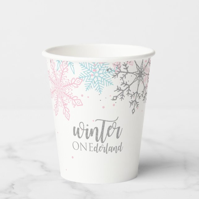 Gobelets En Papier Hiver Onederland rose Silver Blue Snowflakes (Recto)