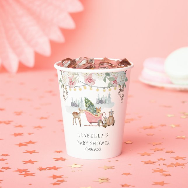 Gobelets En Papier Hiver Pink Woodland Animaux Fille Baby shower (Insitu)