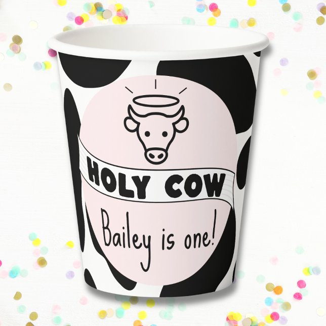 Gobelets En Papier Holy Cow Kid Anniversaire Fête Vache Imprimer mign (Holy Cow birthday party paper cups custom name and age cute modern cups pink cow print )