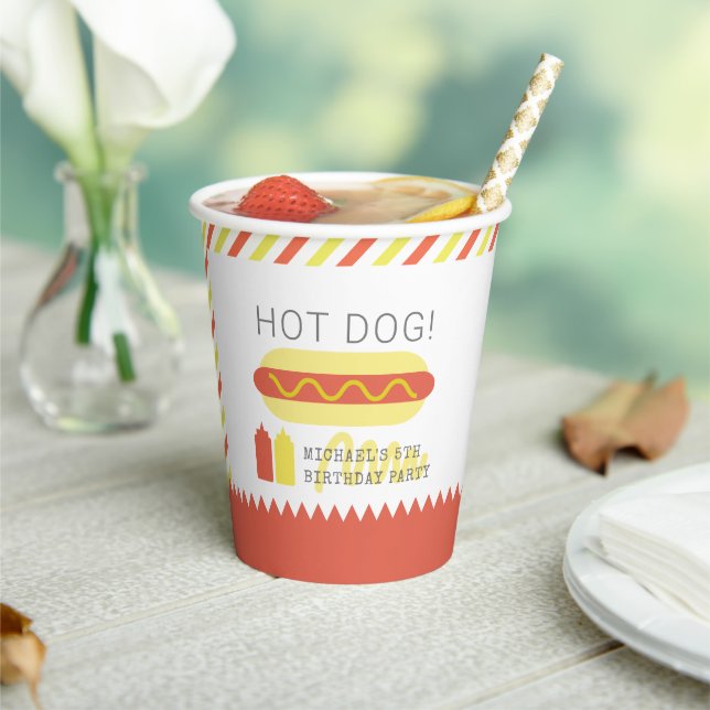 Gobelets En Papier HOT DOG! Anniversaire moderne rouge et jaune (Insitu)