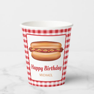 Gobelets En Papier Hot Dog Snack Sur Rouge En vichy Joyeux Anniversai
