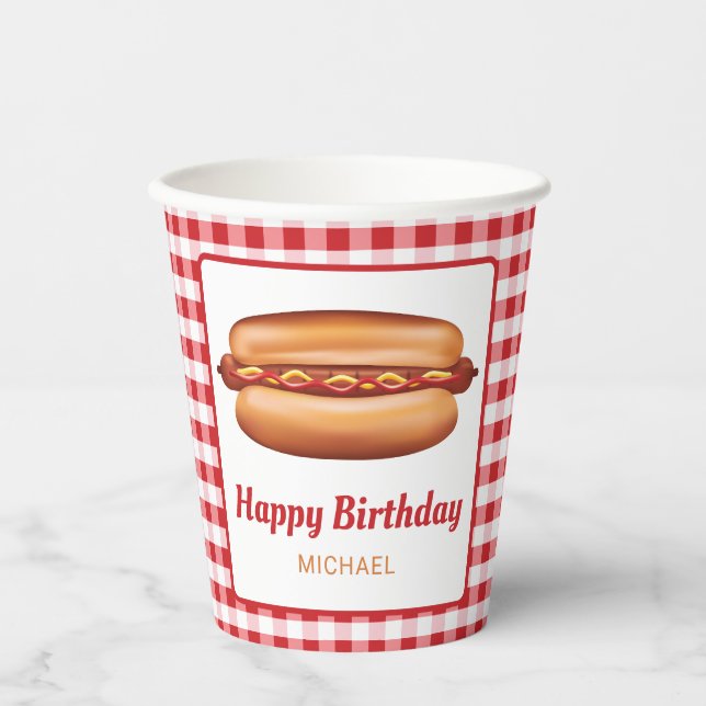 Gobelets En Papier Hot Dog Snack Sur Rouge En vichy Joyeux Anniversai (Recto)