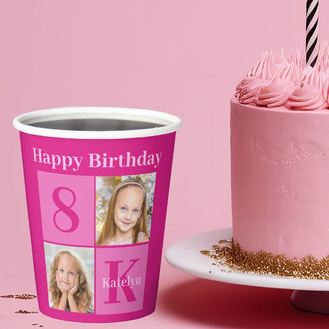 Gobelets En Papier Hot rose Anniversaire fille mignonne Personnalisé  (Créateur téléchargé)