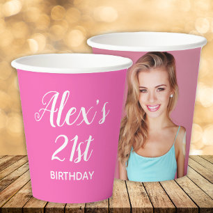 Gobelets En Papier Hot rose blanc 21e anniversaire Photo