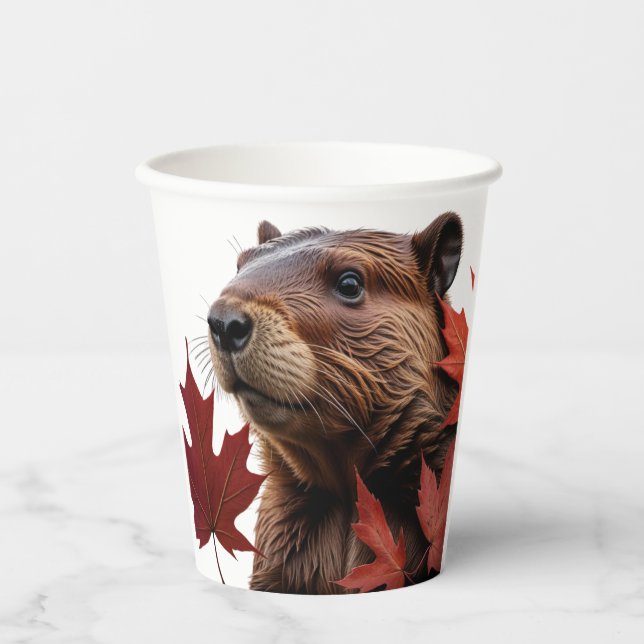 Gobelets En Papier I Love Canada - Castor canadien aux feuilles (Recto)