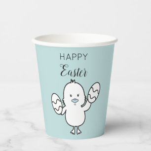 Gobelets En Papier Illustration Pastel Blue Cute Easter Chick & Oeufs