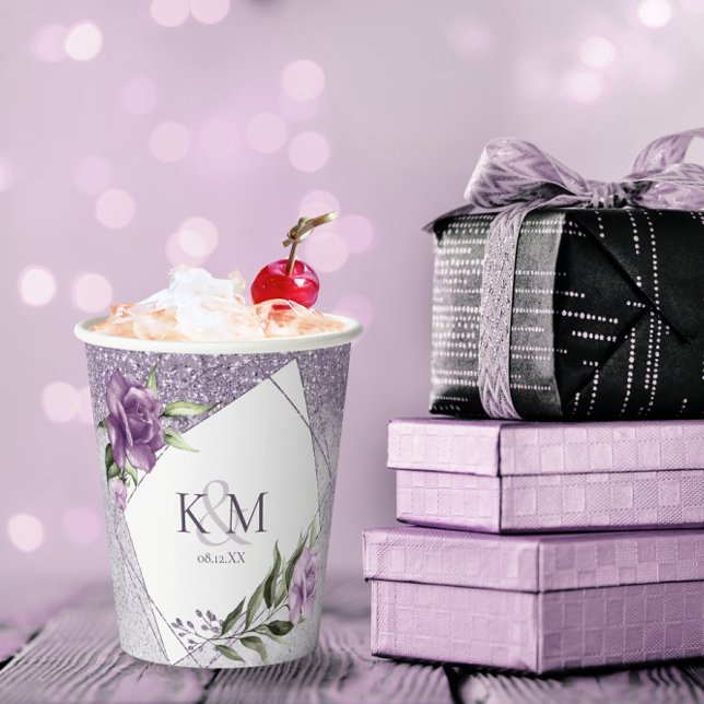 Gobelets En Papier Initiales du Mariage Floral Sparkles Mauve ID889 (Créateur téléchargé)
