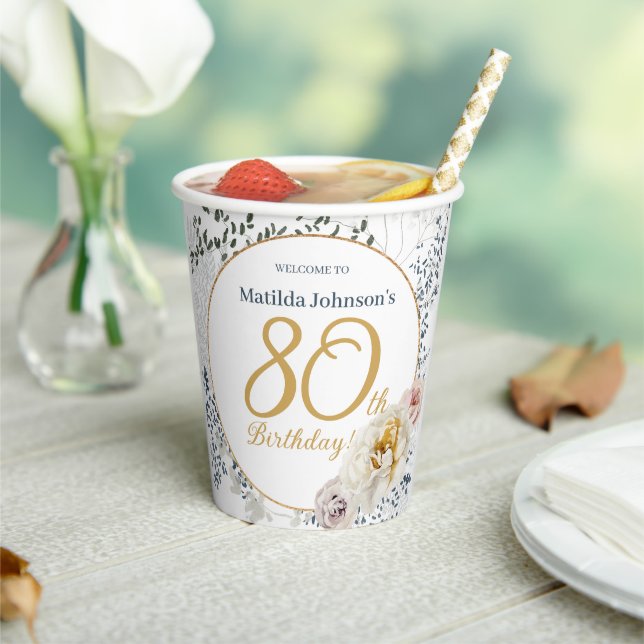 Gobelets En Papier Jaune Floral Botanical Photo 80th Birthday Party (Insitu)