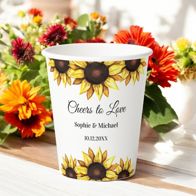 Gobelets En Papier Jaune Tournesol Fleur Blanche Florale Mariage (Créateur téléchargé)