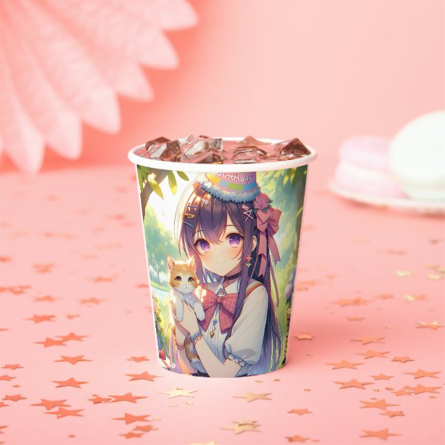 Gobelets En Papier Joli Anime Holding Kitten Girl'Anniversaire (Insitu)