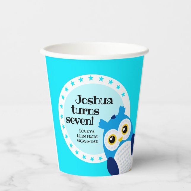 Gobelets En Papier Joli Anniversaire Boy Blue Owl (Recto)