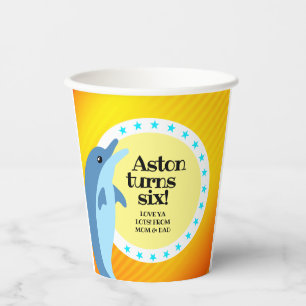 Gobelets En Papier Joli anniversaire garçon bleu Dolphin au soleil