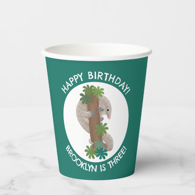 Gobelets En Papier Joli anteater pangolin personnalisé anniversaire (Recto)