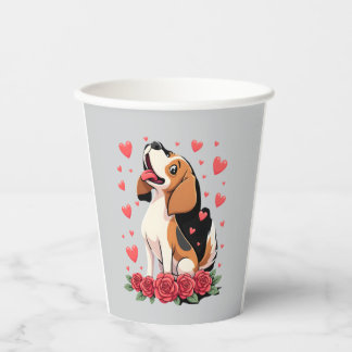 Gobelets En Papier Joli Beagle avec cœurs de roses rouges florales Sa