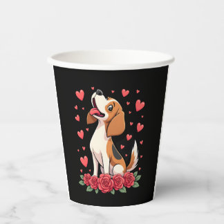 Gobelets En Papier Joli Beagle avec Roses Rouges Cœurs Floral Saint-V
