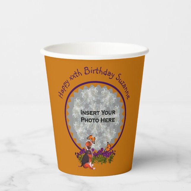 Gobelets En Papier Joli Beagle Chiot Photo Anniversaire (Recto)