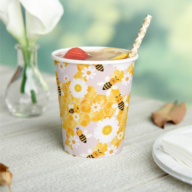 Gobelets En Papier Joli Bumble Bee Honey Comb Jaune Baby shower (Insitu)