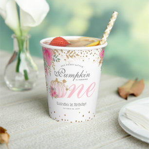 Gobelets En Papier Joli Citrouille rose Floral 1er anniversaire