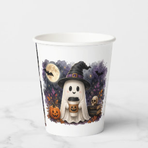 Gobelets En Papier Joli fantôme d'Halloween tenant une tasse de café 