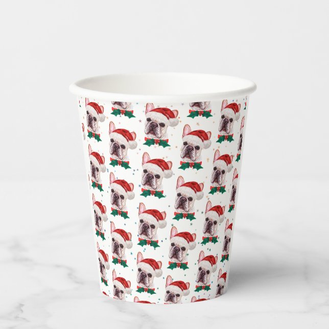 Gobelets En Papier Joli motif de Noël de Bouledogue Français (Recto)