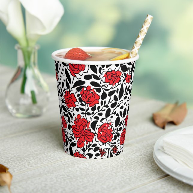 Gobelets En Papier Joli motif floral en rouge, noir et blanc (Insitu)