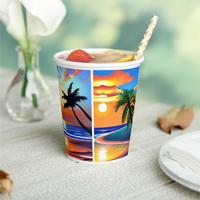 Gobelets En Papier Joli palmiers tropicaux et couchers de soleil (Insitu)