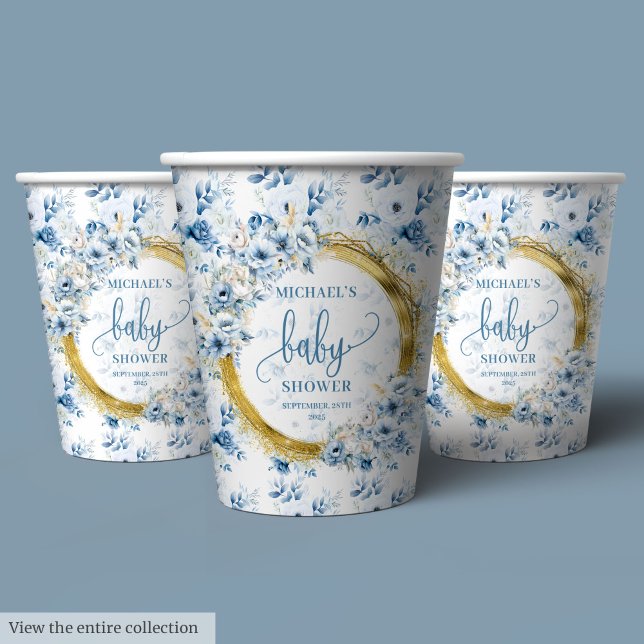 Gobelets En Papier Joli pastel bleu fleurs or boho personnalisé (Cute pastel blue flowers gold boho personalized Paper Cups )