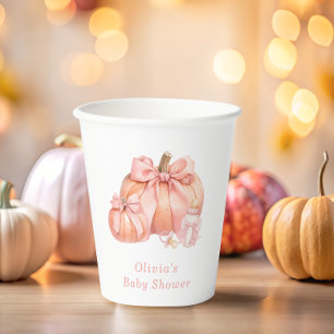 Gobelets En Papier Joli petit Baby shower Citrouille rose Bow