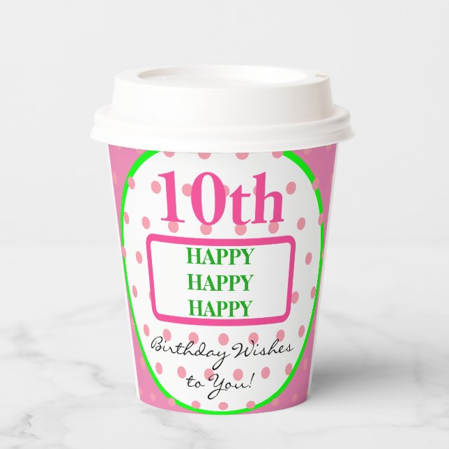 Gobelets En Papier Joli Pois rose vert d'anniversaire (Recto)