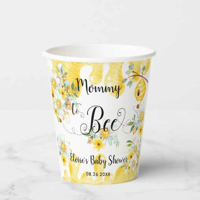 Gobelets En Papier Jolie Abeilles de Miel Baby shower Floral Jaune (Recto)