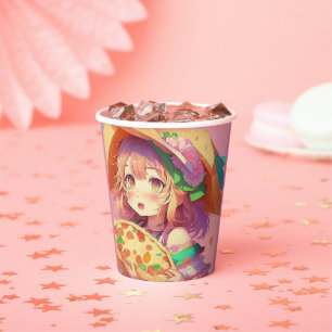 Gobelets En Papier Jolie fille Anime tenant une pizza