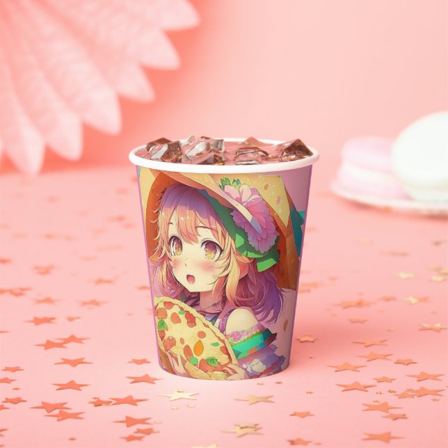 Gobelets En Papier Jolie fille Anime tenant une pizza (Insitu)