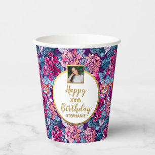 Gobelets En Papier Jolies Fleurs Roses, Tout Âge Photo Personnalisé
