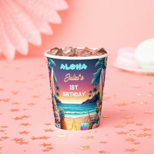 Gobelets En Papier Joy hula Luau Surf aloha hawaiian 1er anniversaire