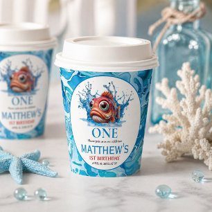 Gobelets En Papier Joyeux 1er Anniversaire Poisson Bleu Eau Mignon