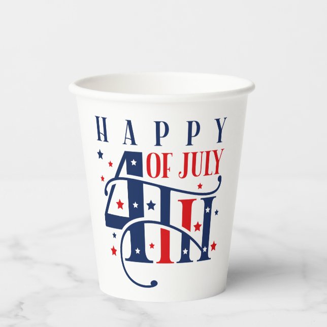 Gobelets En Papier Joyeux 4 juillet rouge blanc et bleu (Recto)
