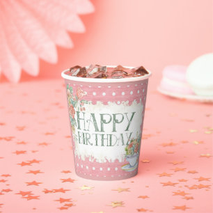 Gobelets En Papier Joyeux Anniversaire Fleurs Rose Tasse en Papier Fê