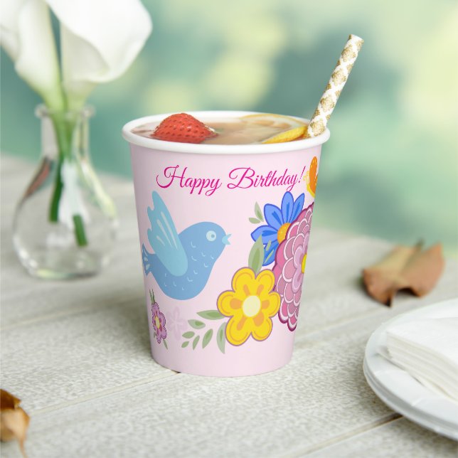 Gobelets En Papier Joyeux anniversaire Fleurs sauvages Jardin Oiseaux (Insitu)