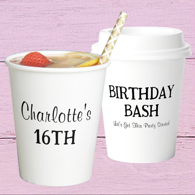 Gobelets En Papier Joyeux anniversaire | Nom Sweet sixteen noir et bl (Front And Back)