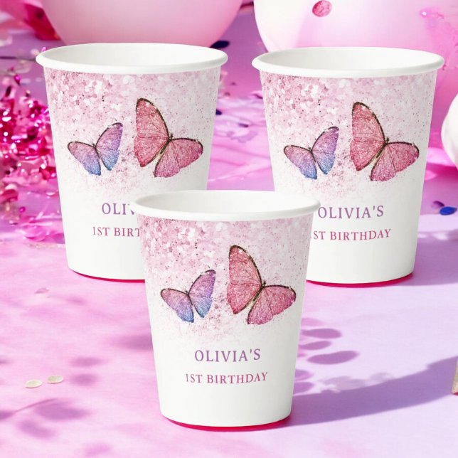 Gobelets En Papier Joyeux anniversaire papillon Fille Anniversaire (Créateur téléchargé)