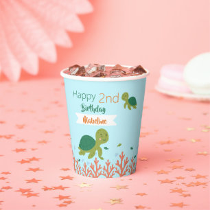 Gobelets En Papier Joyeux anniversaire Sea Green Turtle & Coral Reef