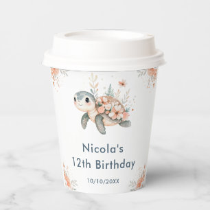 Gobelets En Papier Joyeux Anniversaire Tortue Florale Mignonne