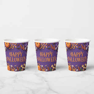 Gobelets En Papier Joyeux Halloween à plat sur fond violet 