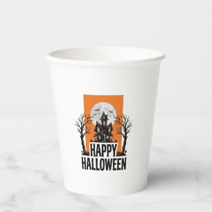 Gobelets En Papier Joyeux Halloween Maison Hantée Graphique Vintage_1