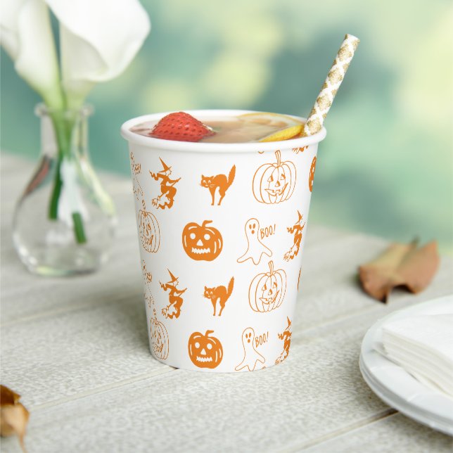 Gobelets En Papier Joyeux Halloween orange blanc motif éffrayant (Insitu)