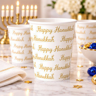 Gobelets En Papier Joyeux Hanukkah en élégante écriture dorée
