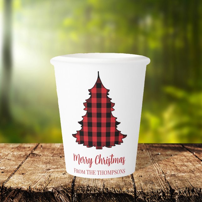 Gobelets En Papier Joyeux Noël Buffalo Check Motif (Merry Christmas buffalo check pattern paper cup with Christmas tree cutout)